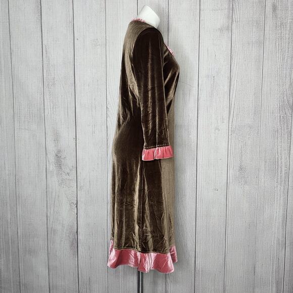 J. Peterman Brown Velvet Babydoll Dress Pink Ruffle Trim, sz 8 - Picture 3 of 5